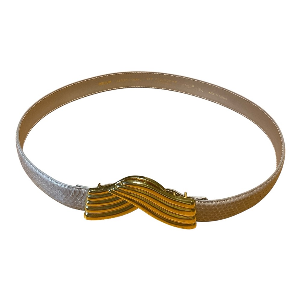 VTG Liz Claiborne M 80s Snakeskin Belt Tan-Mauve Gold Buckle Classic timeless